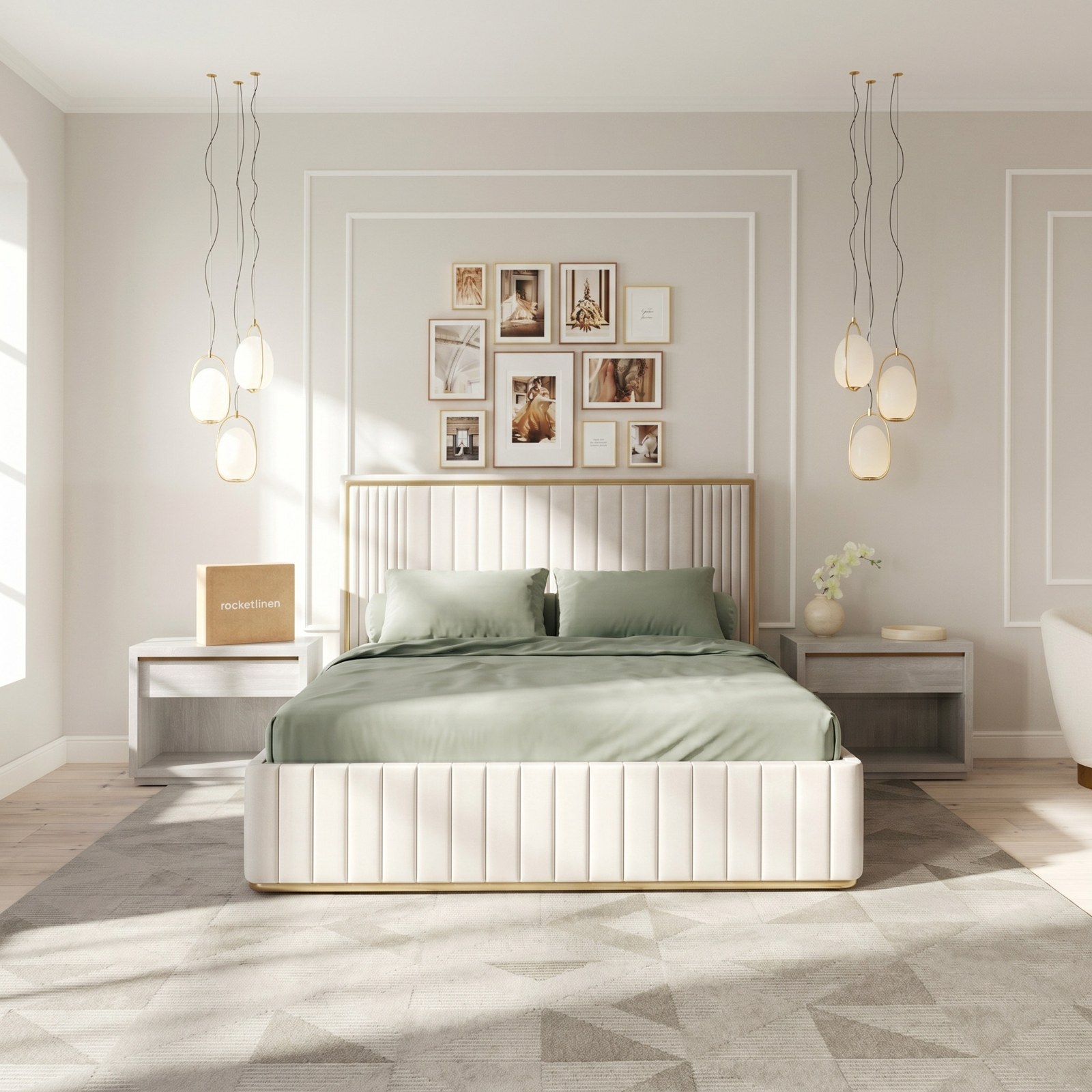 Sage green cotton bedding styled on bed